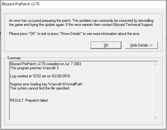 [Solution] Error occured preparing patch. Registry error loading key Warcraft III\InstallPath