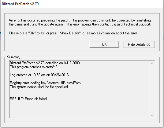 warcraft 3 1.26 a patch error